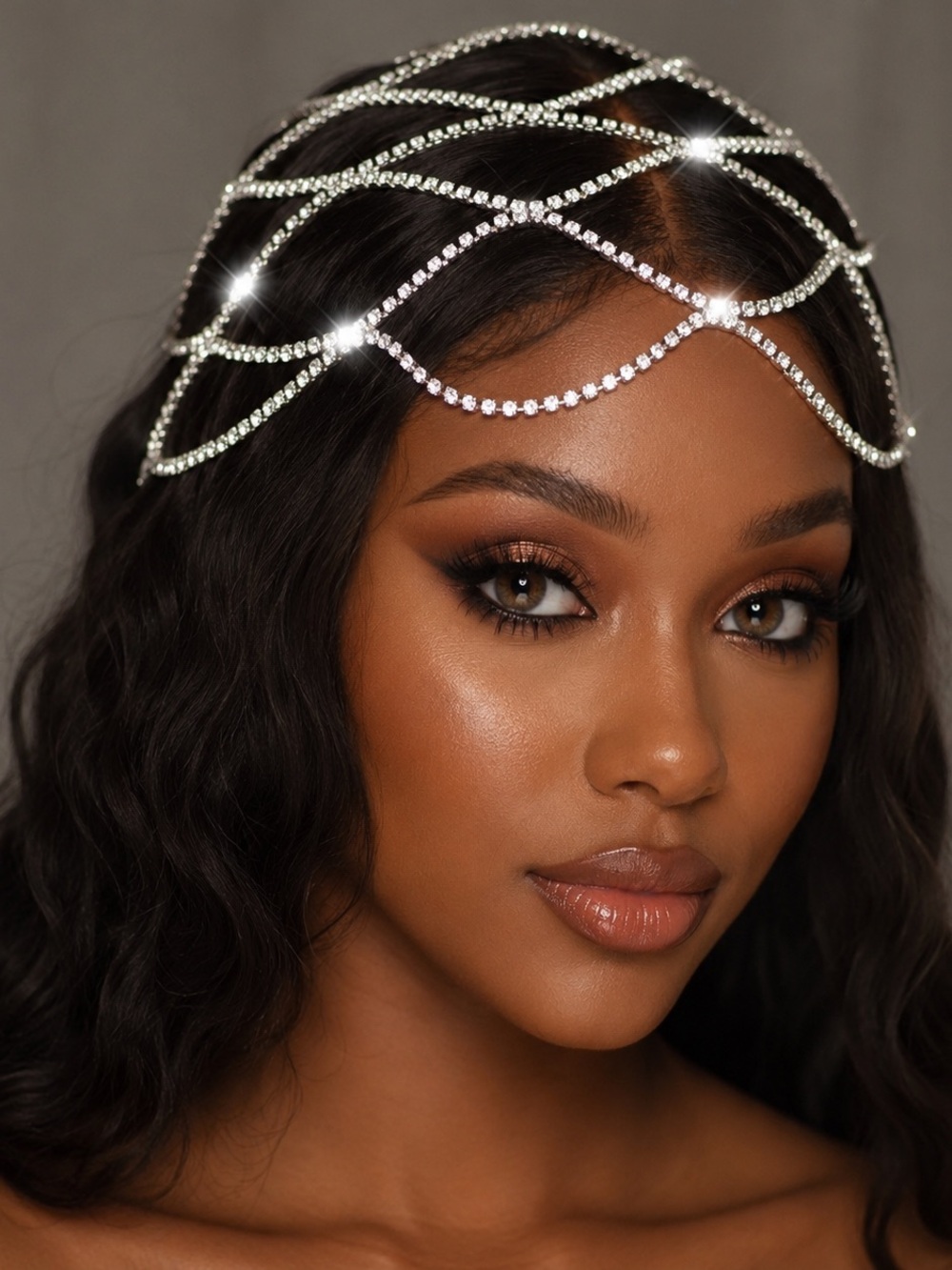 Rhinestone Draped Headpiece - Crystal Silver Hair Chain